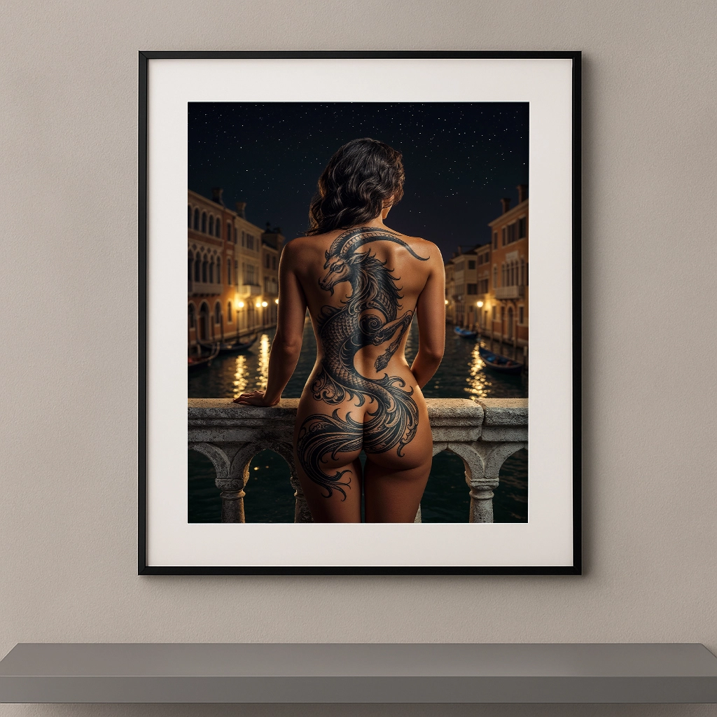 Œuvre artistique représentant le signe astrologique Capricorne dans un décor nocturne de Venise, ambiance cinématographique et élégante