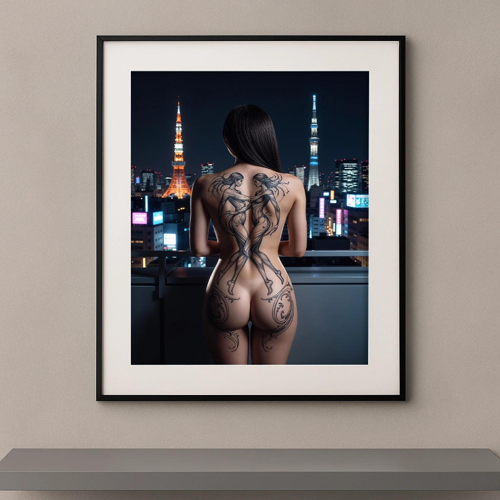 tableau femme de dos tatouage Gémeaux Tokyo nuit décoration murale artistique silhouette naturelle