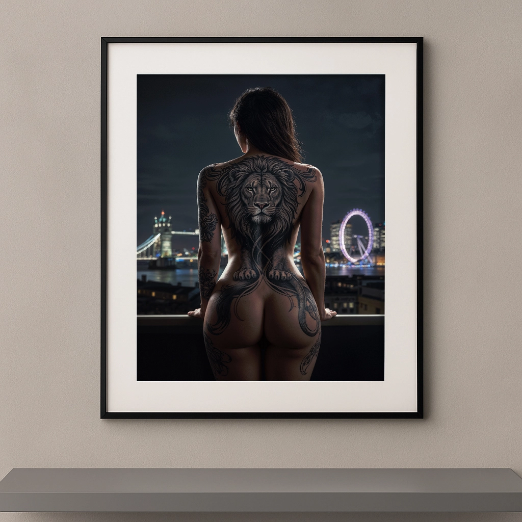 Œuvre artistique représentant le signe astrologique Lion dans un décor nocturne de Londres, avec la skyline et le London Eye en arrière-plan