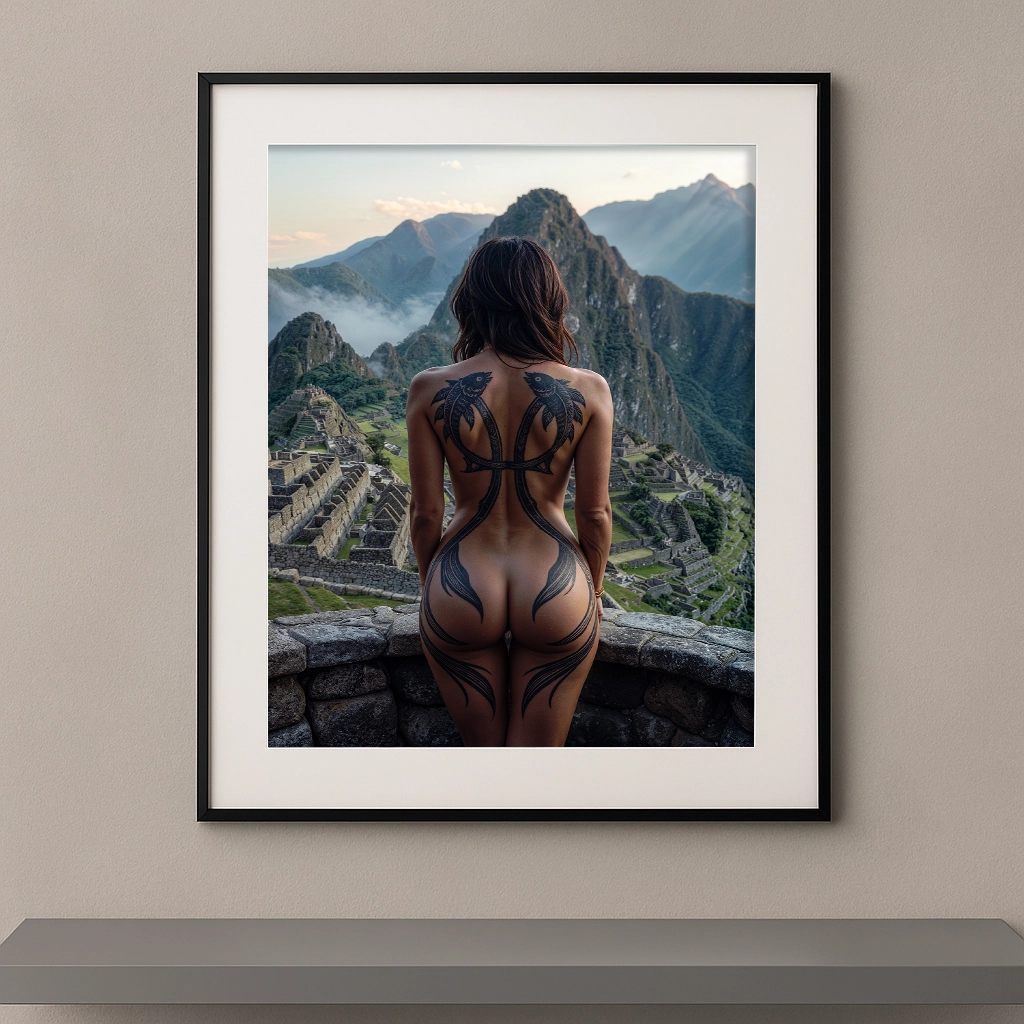 Œuvre artistique représentant le signe astrologique Poissons dans un décor du Machu Picchu, style cinématographique et contemporain