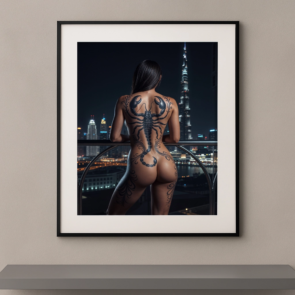 Œuvre artistique représentant le signe astrologique Scorpion face au Burj Khalifa à Dubaï, ambiance nocturne et cinématographique