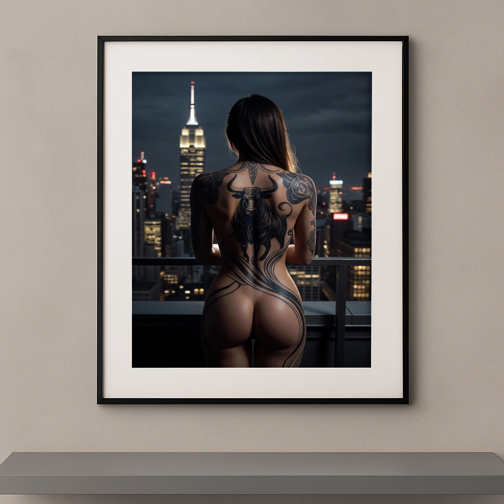 tableau femme de dos tatouage Taureau New York Empire State Building nuit décoration murale artistique silhouette naturelle