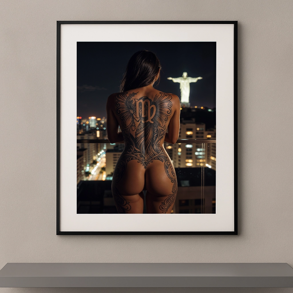 Œuvre artistique représentant le signe astrologique Vierge face au Christ Rédempteur à Rio, ambiance nocturne et cinématographique