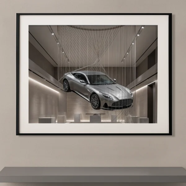 Tableau voiture de légende Aston Martin DBS argent suspendue dans une galerie contemporaine