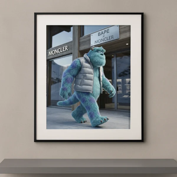 Tableau monstre bleu street luxe devant une boutique de mode hivernale Graphic Avenue