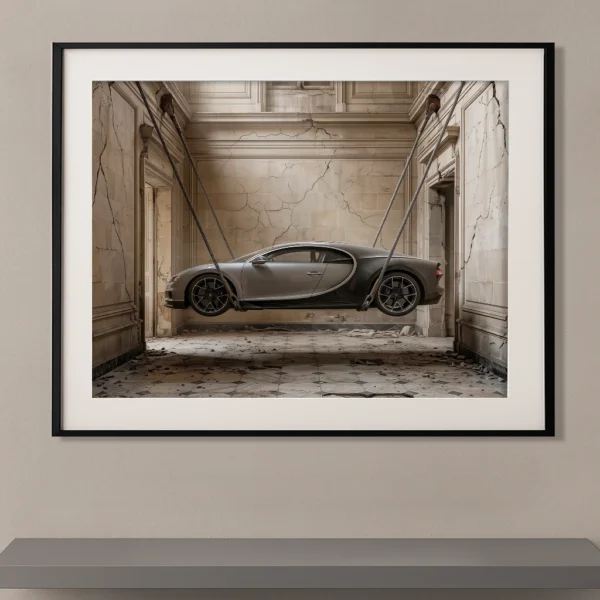 Balise ALT : Tableau voiture de légende Bugatti Chiron suspendue dans un palais en ruines