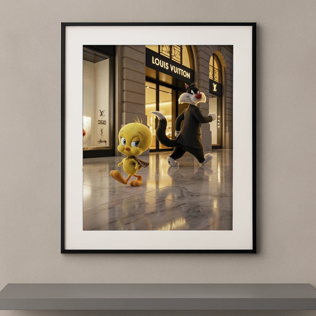 Tableau duo cartoon pop luxe dans une galerie de mode parisienne Graphic Avenue