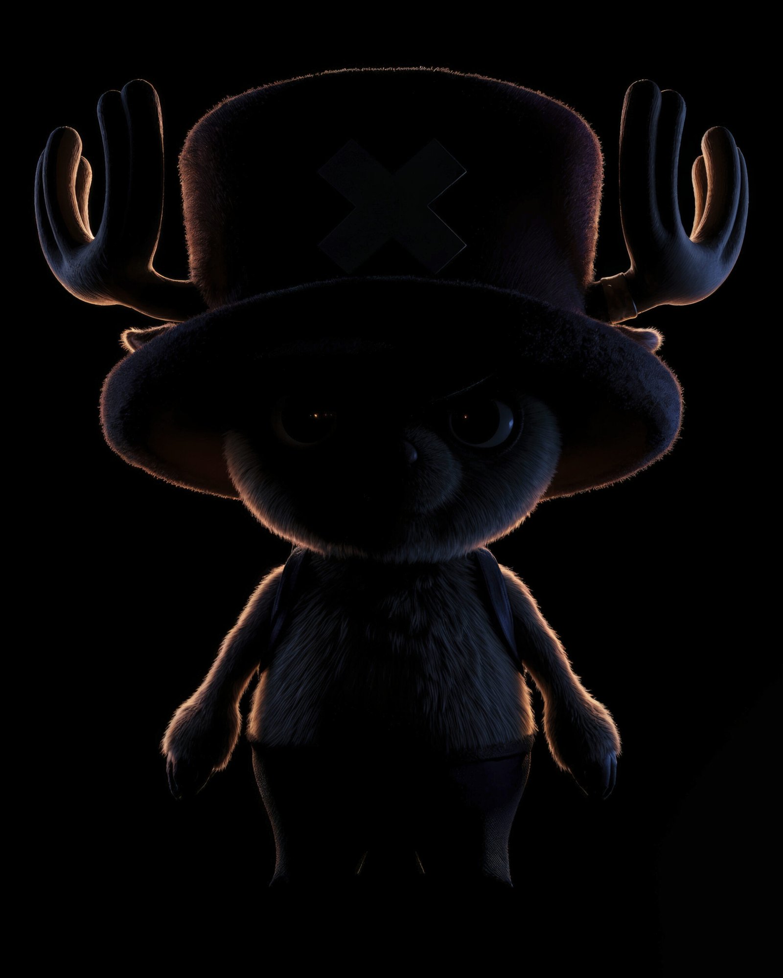 Chopper — Tableau Dark Icons, portrait silhouette en clair-obscur du renne emblématique de One Piece, halo cuivré sur fond noir, art mural premium