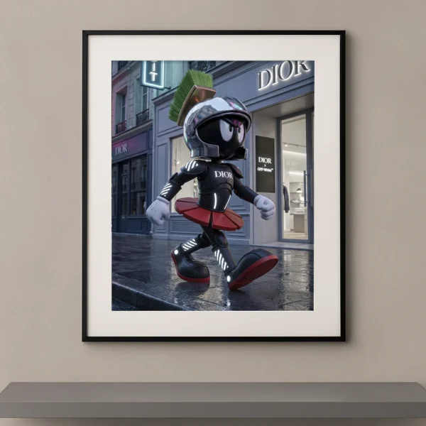Tableau personnage cartoon futuriste street luxe devant une boutique de mode parisienne Graphic Avenue