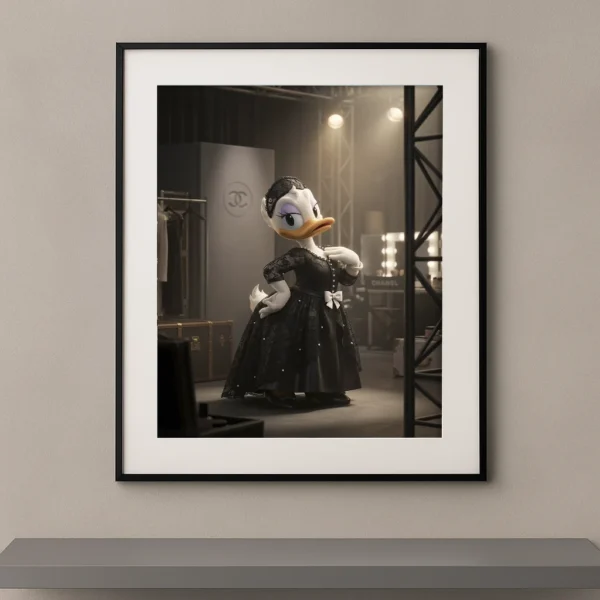 Tableau canard diva couture en robe noire dans un atelier de mode Graphic Avenue