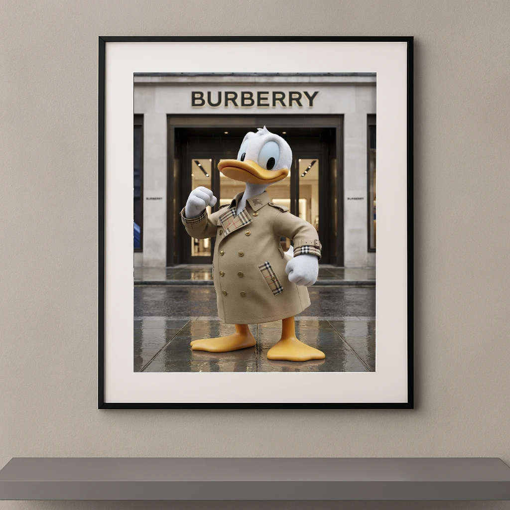 Tableau canard pop luxe en trench beige devant une boutique de mode Graphic Avenue