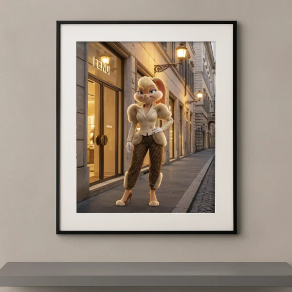 Tableau lapine fashion pop devant une boutique de luxe parisienne Graphic Avenue