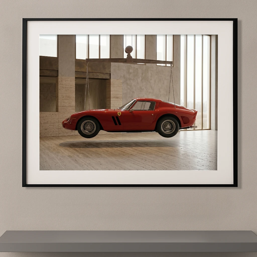 Tableau voiture de légende Ferrari 250 GTO rouge suspendue vue de profil