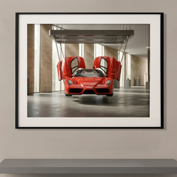 Ferrari Enzo rouge suspendue portes ouvertes dans une architecture contemporaine, collection Suspension.
