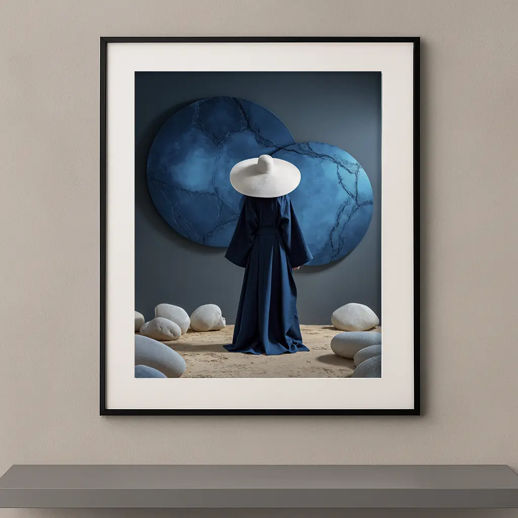 Tableau Figures et Formes Bleu Profond avec silhouette bleue et formes minérales dans un univers contemporain Graphic Avenue