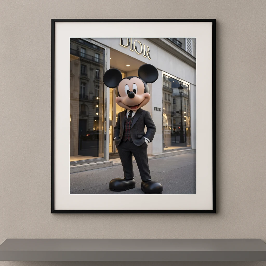 Tableau souris pop chic en costume devant une boutique de mode parisienne Graphic Avenue