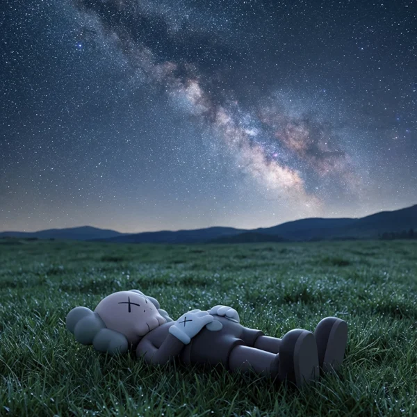 Kaws — Champ nocturne sous les étoiles, figure Kaws allongée dans l'herbe sous un ciel étoilé, art mural premium