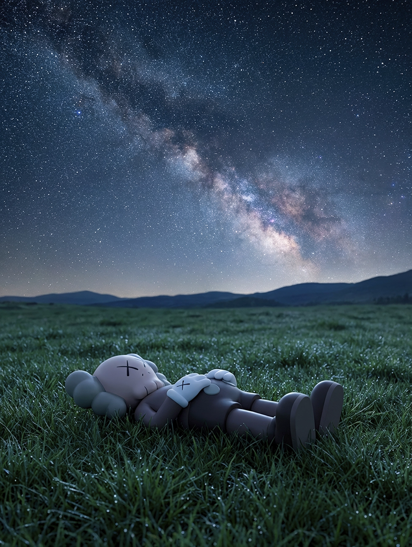 Kaws — Champ nocturne sous les étoiles, figure Kaws allongée dans l'herbe sous un ciel étoilé, art mural premium