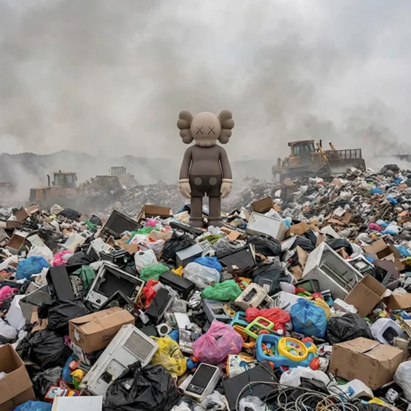 Kaws — Consommation infinie, figure Kaws debout sur une montagne de déchets, art mural premium