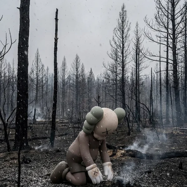 Kaws — Extinction silencieuse, figure Kaws agenouillée dans une forêt brûlée, art mural premium
