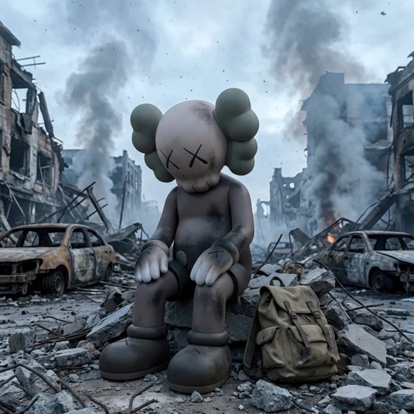 Kaws — Guerre moderne, figure Kaws assise au milieu d'une ville détruite, art mural premium