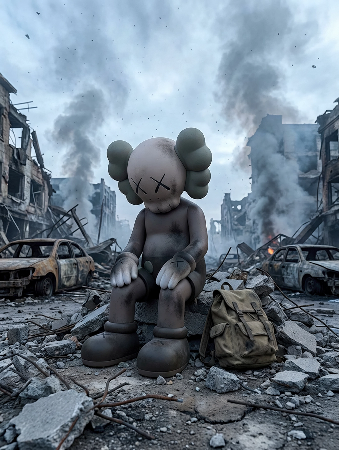 Kaws — Guerre moderne, figure Kaws assise au milieu d'une ville détruite, art mural premium