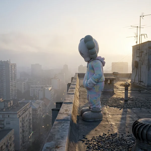 Kaws — Introspection, figure Kaws solitaire sur un toit face à une ville brumeuse, art mural premium