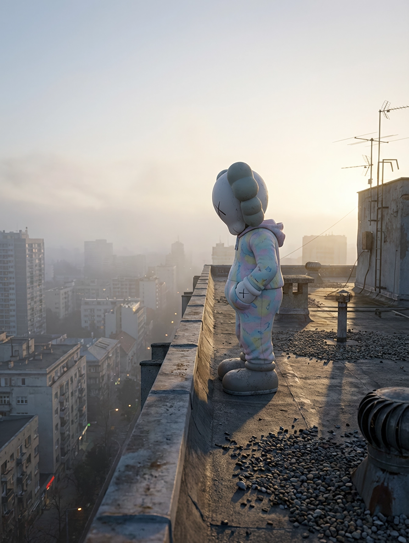 Kaws — Introspection, figure Kaws solitaire sur un toit face à une ville brumeuse, art mural premium