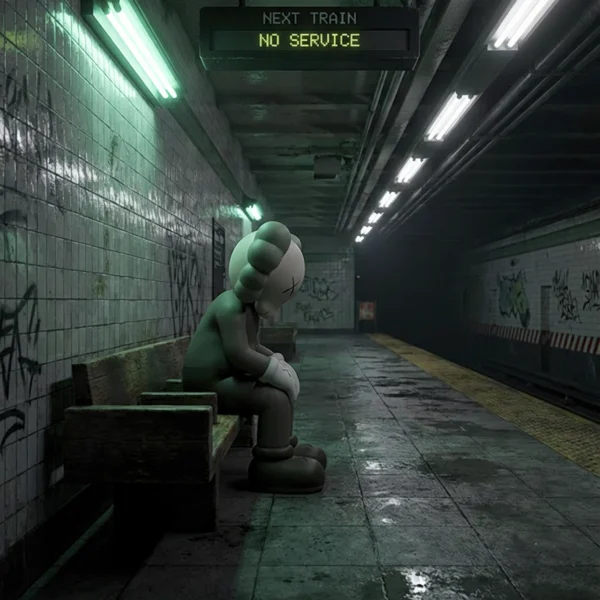Kaws — Isolement moderne, figure Kaws attendant dans une station de métro sombre et vide, art mural premium