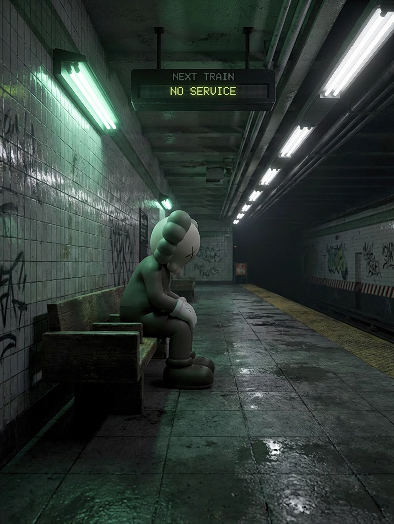 Kaws — Isolement moderne, figure Kaws attendant dans une station de métro sombre et vide, art mural premium