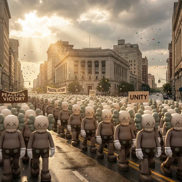 Kaws — Marche collective, foule de figures Kaws avançant dans une ville baignée de lumière dorée, art mural premium