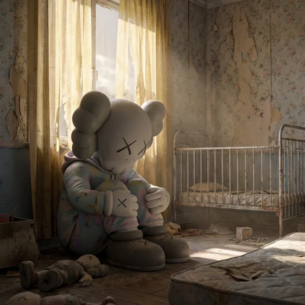 Kaws — Enfance perdue, figure Kaws solitaire dans une salle d'arcade abandonnée, art mural premium