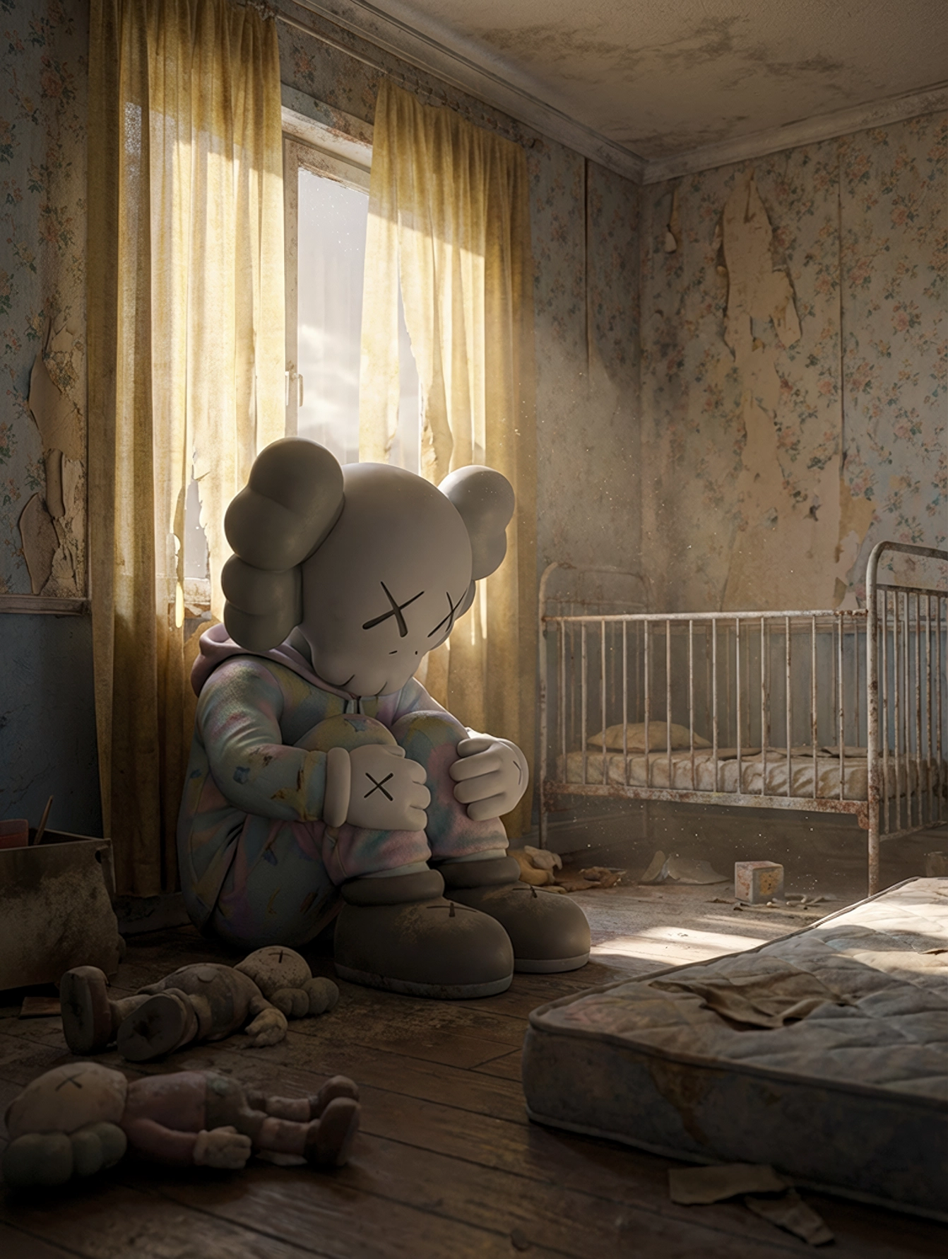Kaws — Nostalgie, figure Kaws assise dans une chambre d'enfant abandonnée, art mural premium