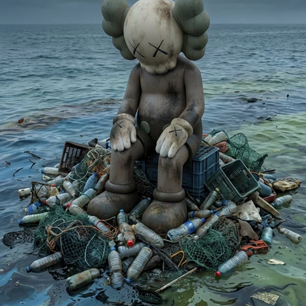 Kaws — Océan plastique, figure Kaws assise au milieu de déchets plastiques flottant sur l'océan, art mural premium