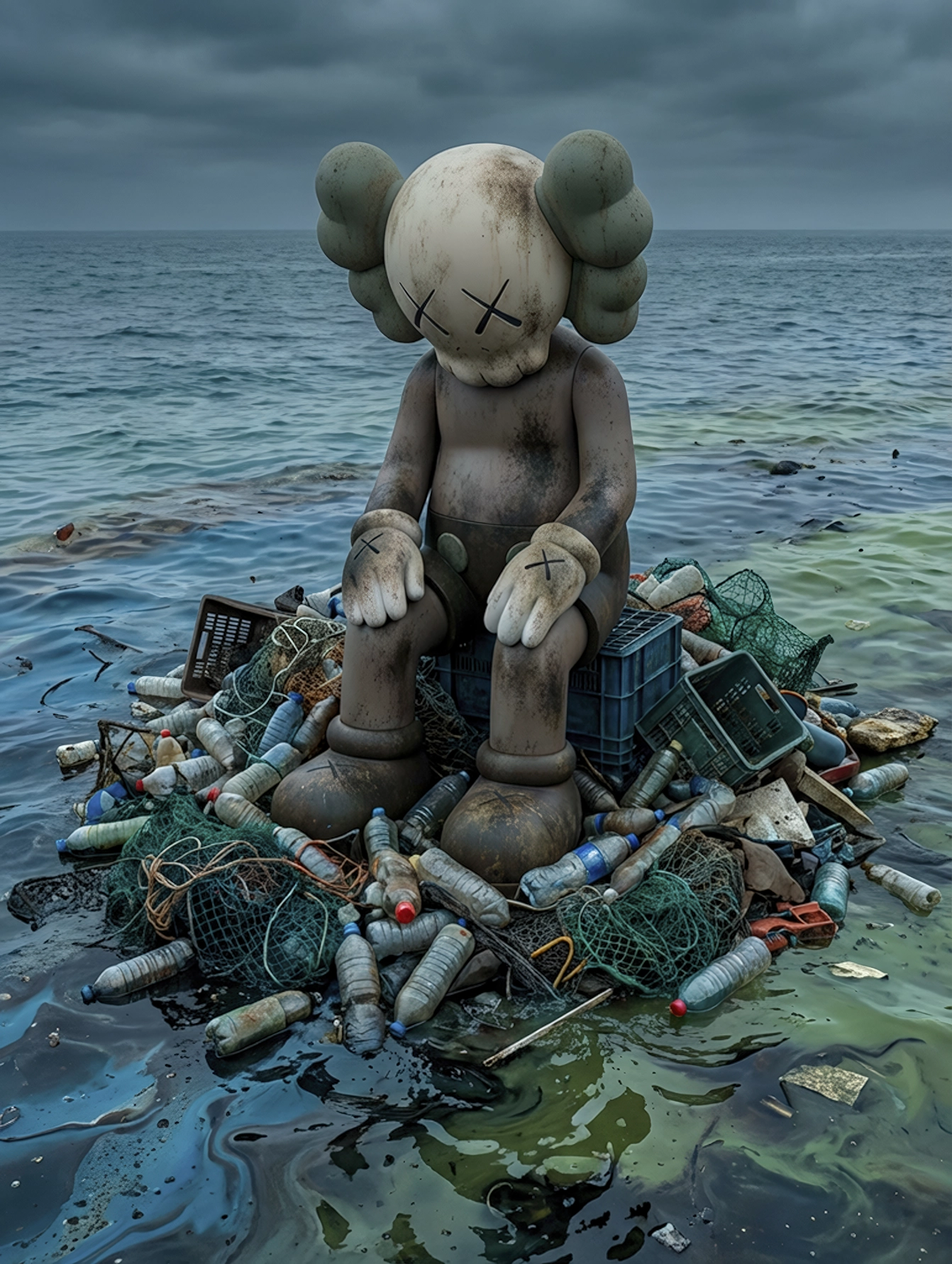Kaws — Océan plastique, figure Kaws assise au milieu de déchets plastiques flottant sur l'océan, art mural premium