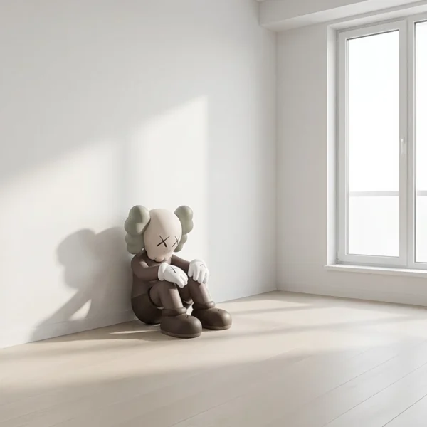 Kaws — Solitude intérieure, figure Kaws seule dans une pièce blanche baignée de lumière, art mural premium