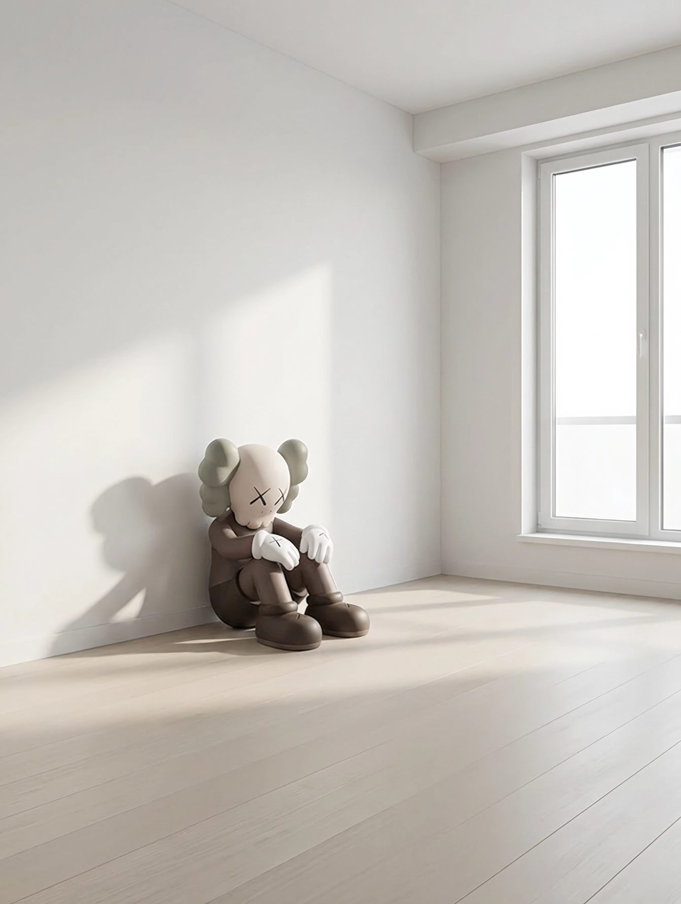 Kaws — Solitude intérieure, figure Kaws seule dans une pièce blanche baignée de lumière, art mural premium