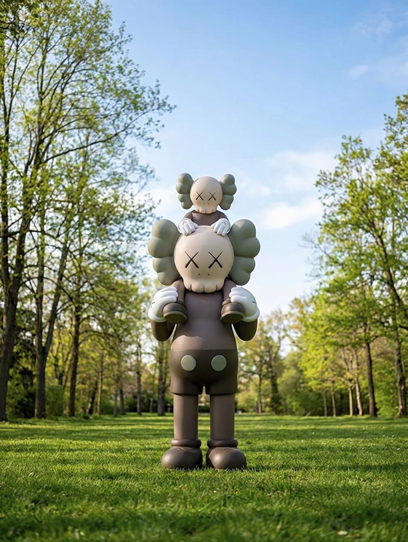 Kaws — Transmission d'espoir, grande figure Kaws portant une petite figure dans un parc lumineux, art mural premium