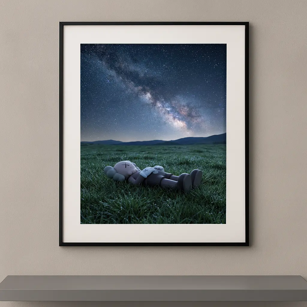 Tableau Kaws Champ nocturne sous les étoiles avec figure allongée sous un ciel étoilé