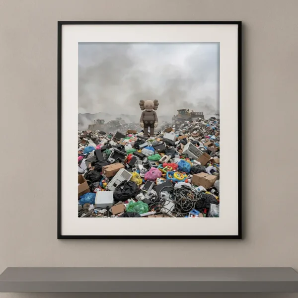 Tableau Kaws Consommation infinie avec figure debout sur une montagne de déchets