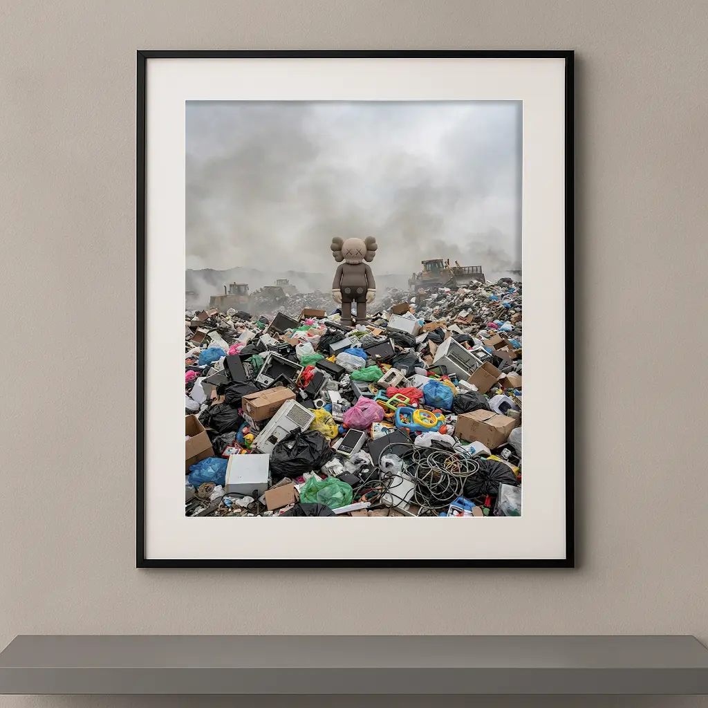 Tableau Kaws Consommation infinie avec figure debout sur une montagne de déchets