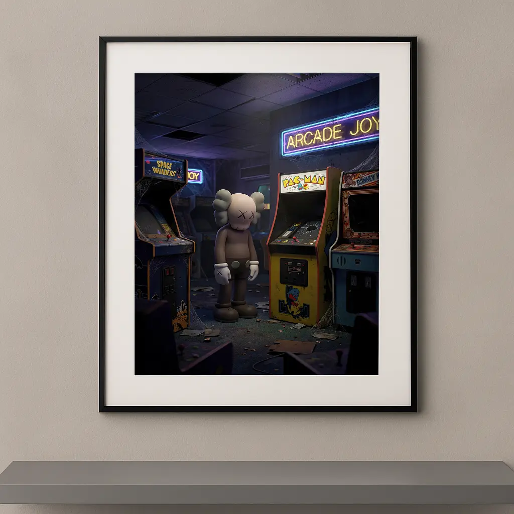 Tableau Kaws Enfance perdue avec figure seule dans une salle d’arcade abandonnée