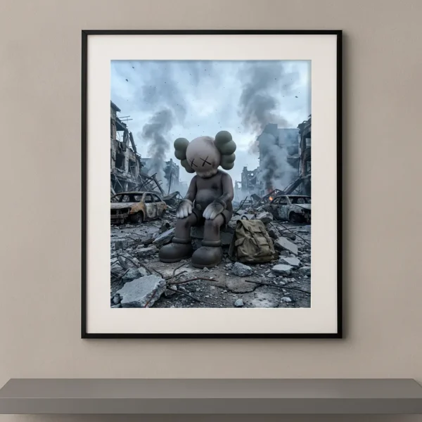 Tableau Kaws Guerre moderne avec figure assise dans une ville détruite