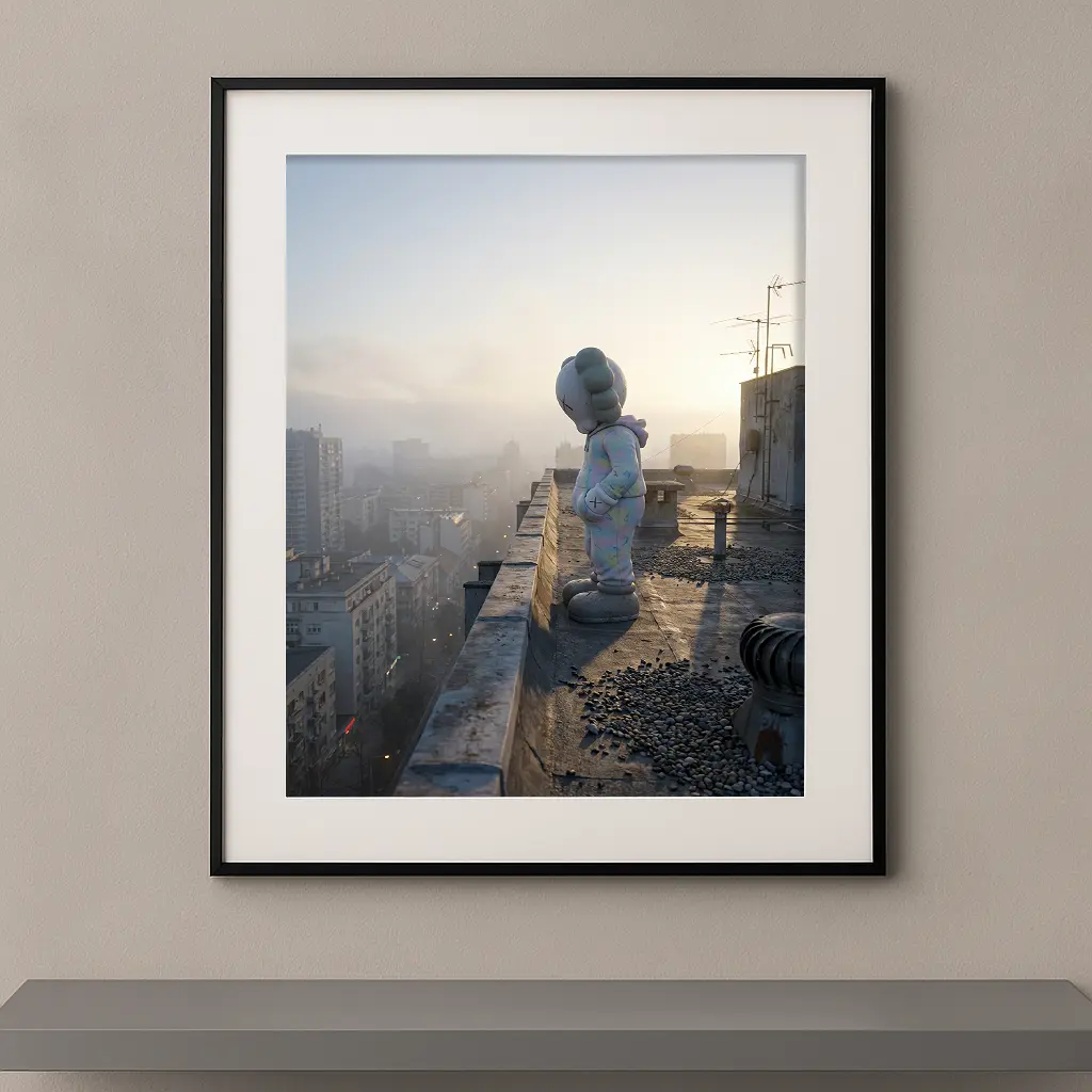 Tableau Kaws Introspection avec figure seule sur un toit face à la ville