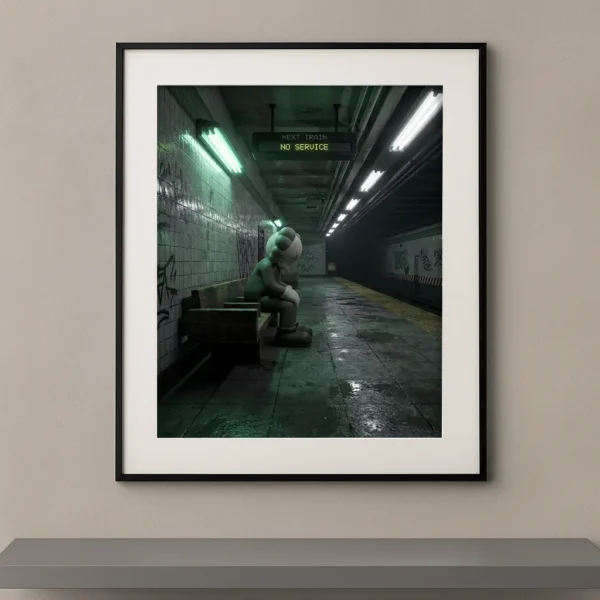 Tableau Kaws Isolement moderne avec figure seule assise dans une station de métro sombre