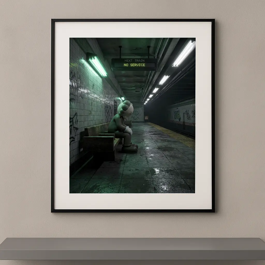 Tableau Kaws Isolement moderne avec figure seule assise dans une station de métro sombre