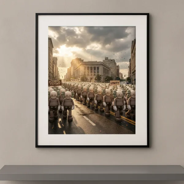 Tableau Kaws Marche collective avec foule de figures dans une ville au coucher du soleil