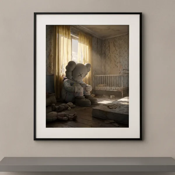 Tableau Kaws Nostalgie avec figure assise dans une chambre d’enfant abandonnée