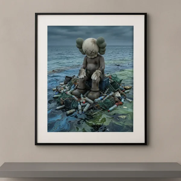 Tableau Kaws Océan plastique avec figure assise sur des déchets plastiques en mer