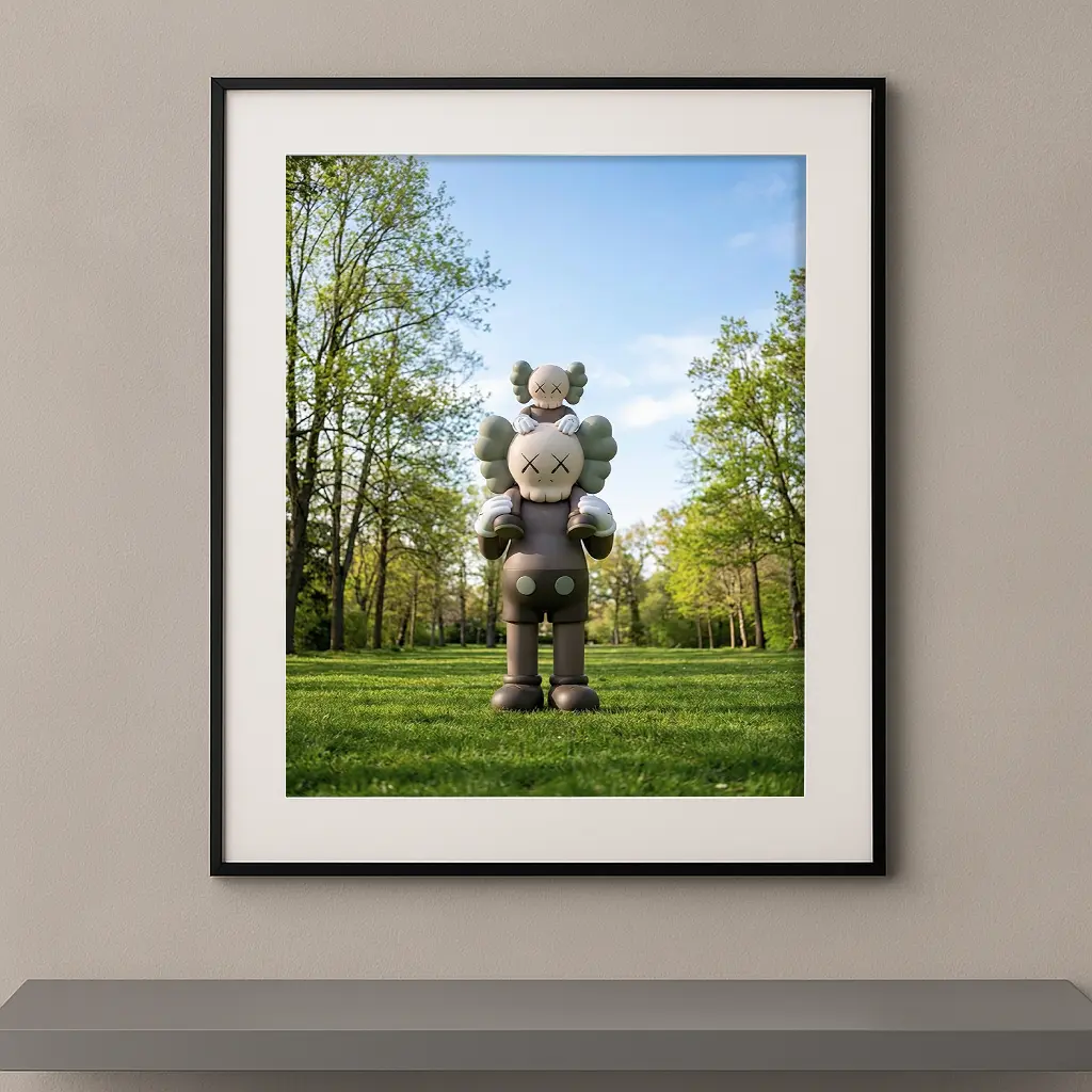 Tableau Kaws Transmission d’espoir avec deux figures dans un parc lumineux